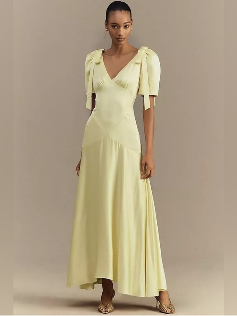 Mare Mare Bree Puff-Sleeve V-Neck Satin Slip Midi Dress In Butter Yellow Size S